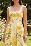 A Line Square Neck Floral Yellow Wedding Guest Dress