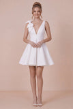 White A Line V Neck Graduation Dress with Bow