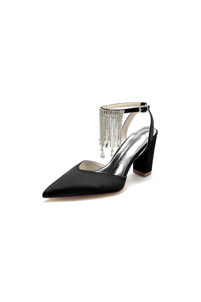 Pointed Toe Beading Tassel Satin Chunky Heels