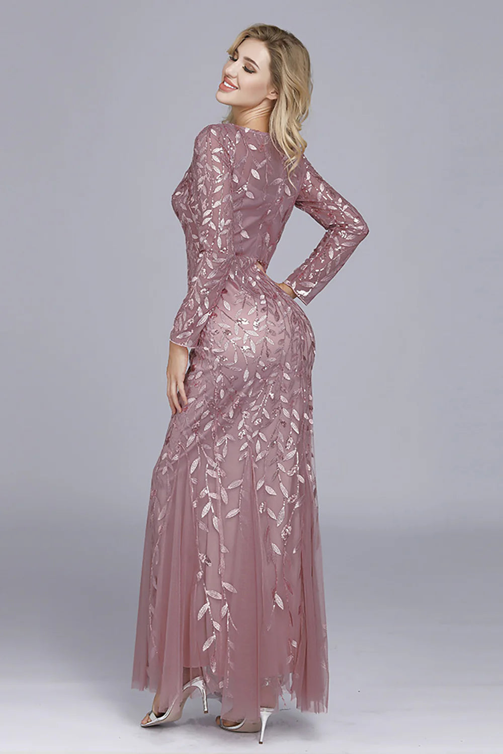 Gold Mermaid Sequins Tulle Evening Dress With Long Sleeves