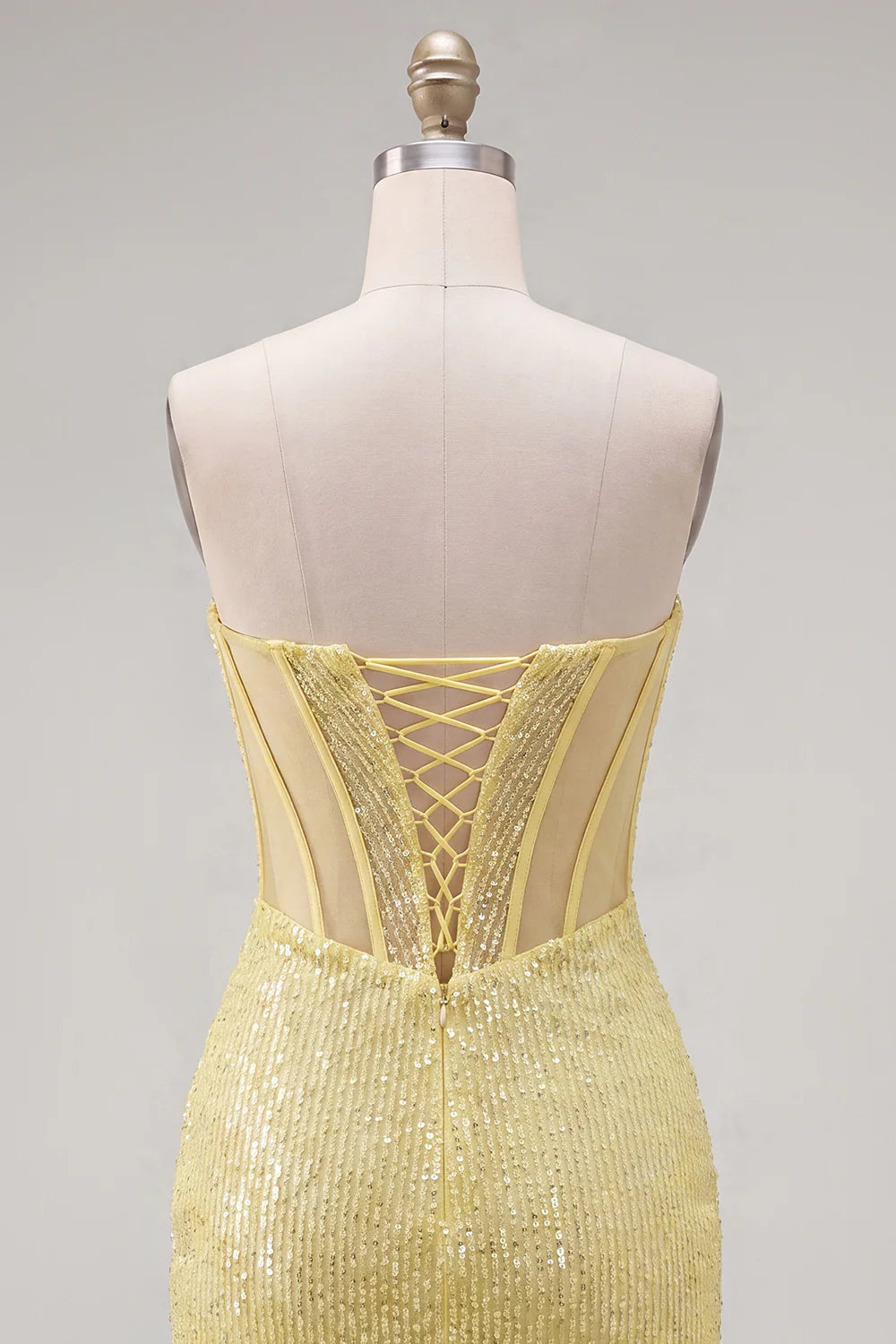 Yellow Bodyocn Strapless Beaded Corset Sequin Homecoming Dress