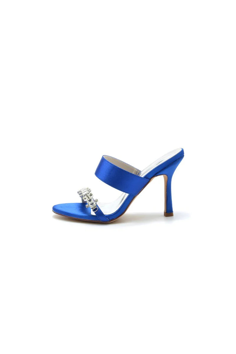 Open Toe Satin Strap Slip On High Heels With Rhinestone