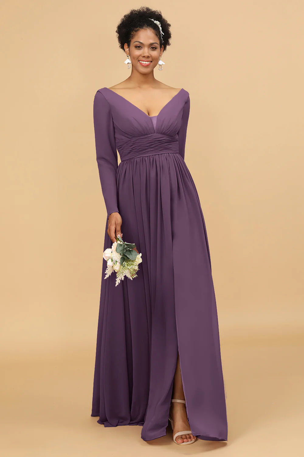 A Line V Neck Long Sleeves Chiffon Bridesmaid Dress with Slit