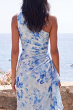 Blue Floral Ruched One Shoulder Wedding Guest Dress with Side Streamer