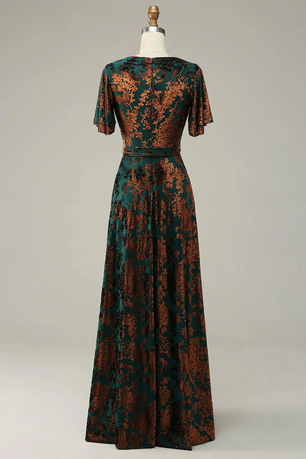 Burgundy Burnout Velvet A Line V Neck Maxi Dress with Short Sleeves