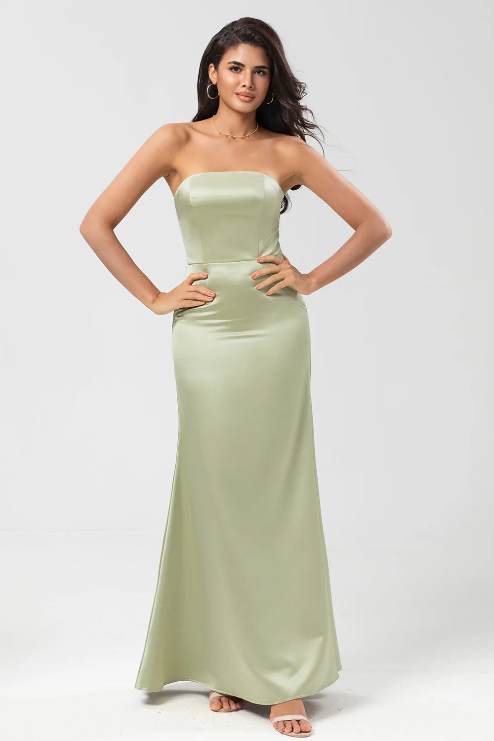 Dusty Sage Mermaid Strapless Floor Length Satin Bridesmaid Dress
