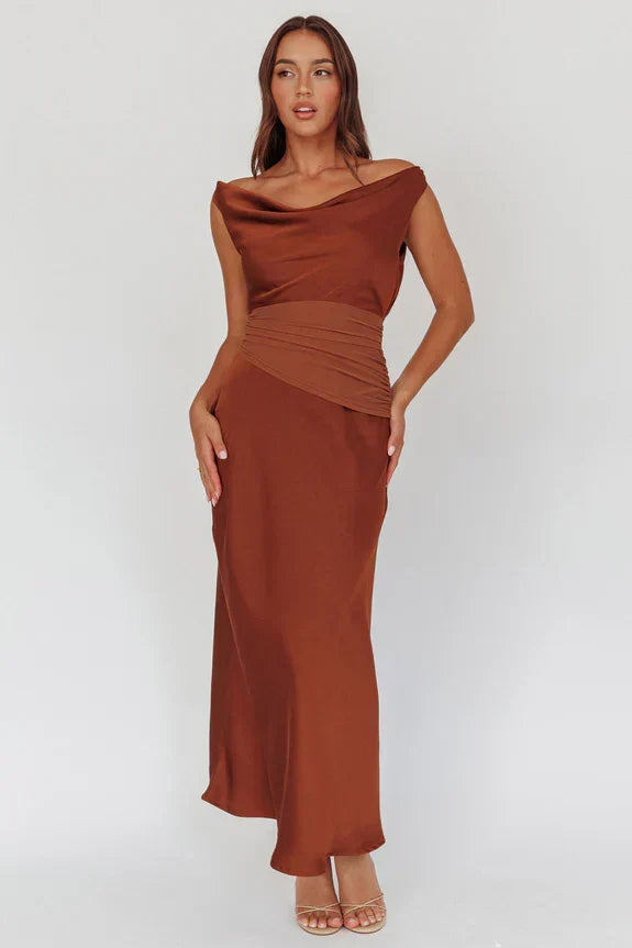 JUDY MAXI COCOA BROWN SATIN DRESS WITH OPEN BACK