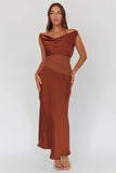 JUDY MAXI COCOA BROWN SATIN DRESS WITH OPEN BACK