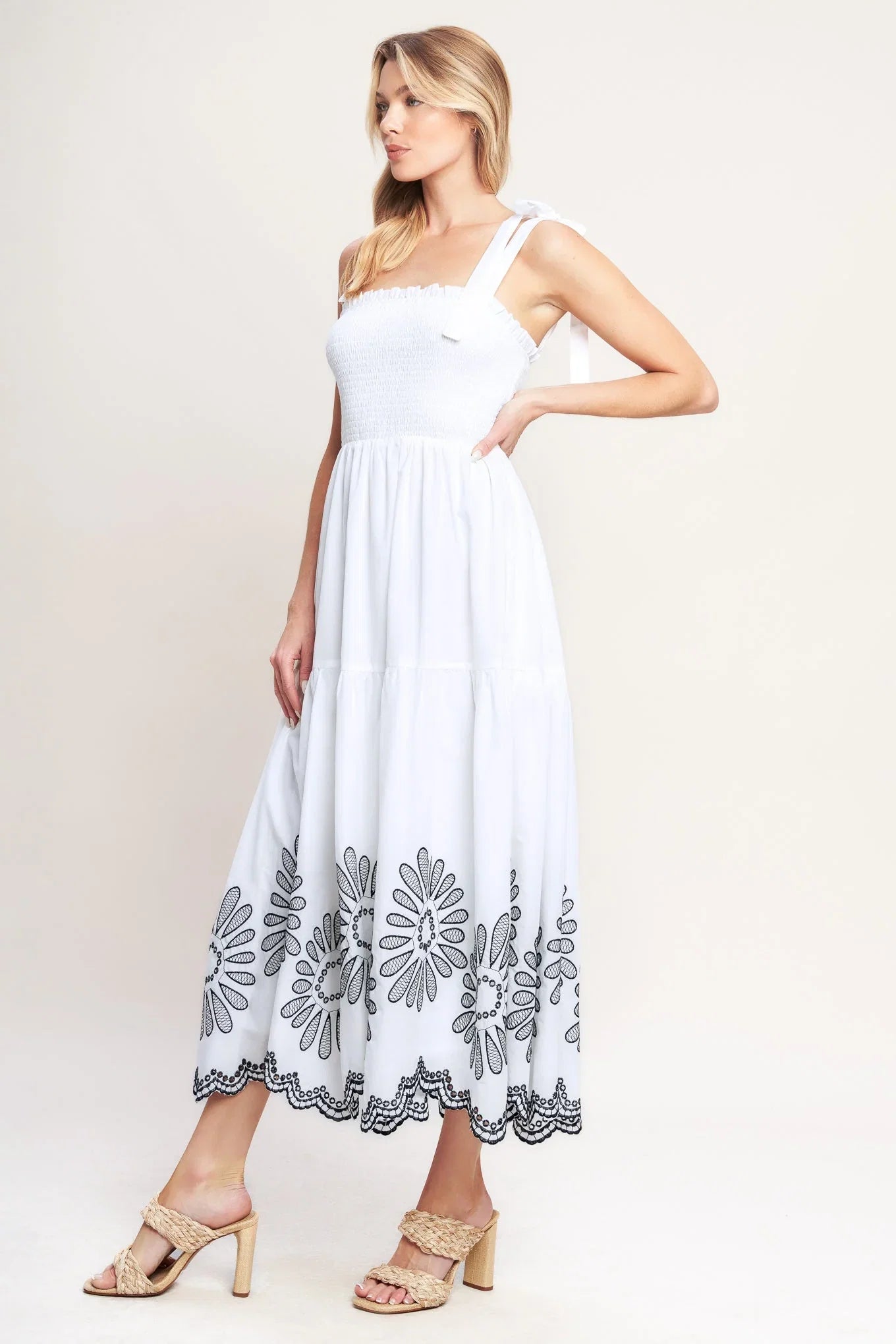 WHISPERS OF SUMMER BLACK WHITE MIDI DRESS