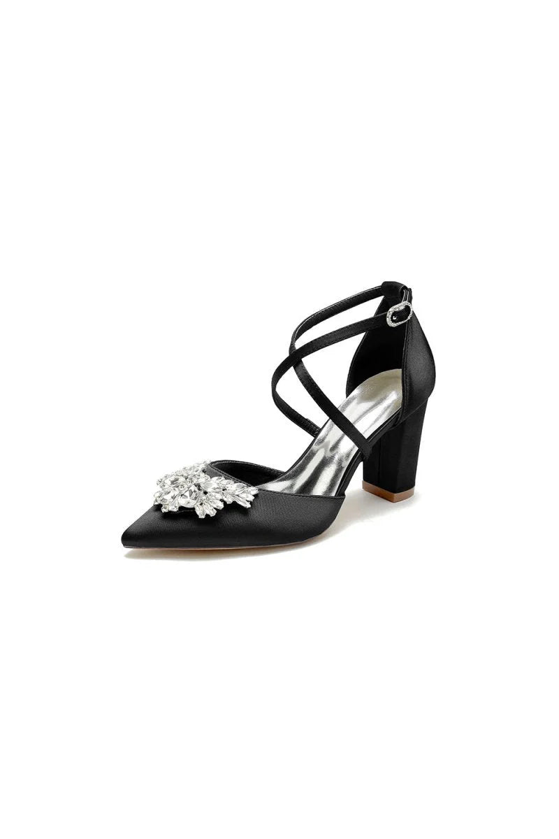 White Cross Strap Pump with Crystal Flower Accent