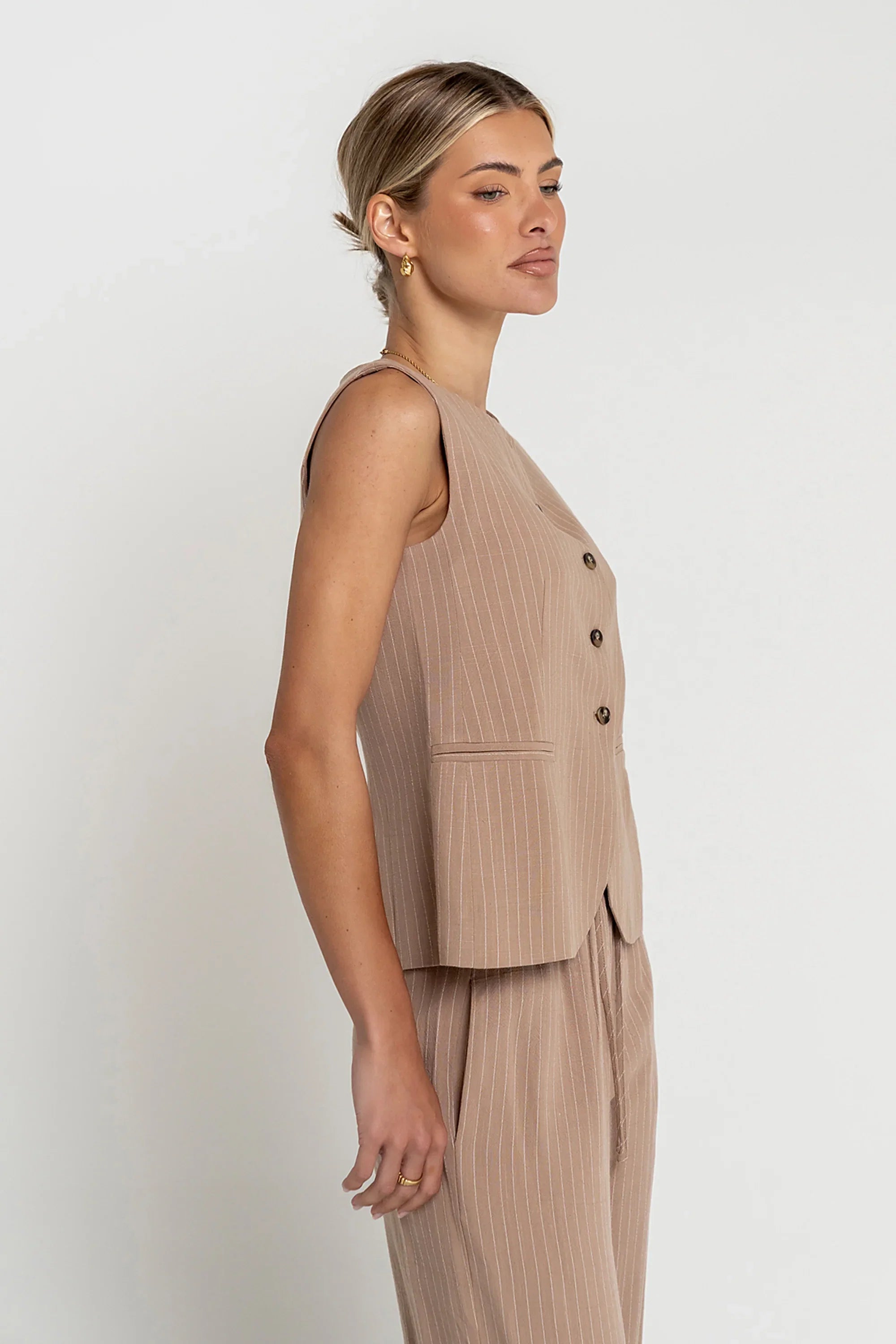 Vivienne Pinstripe Sleeveless Vest in Tan