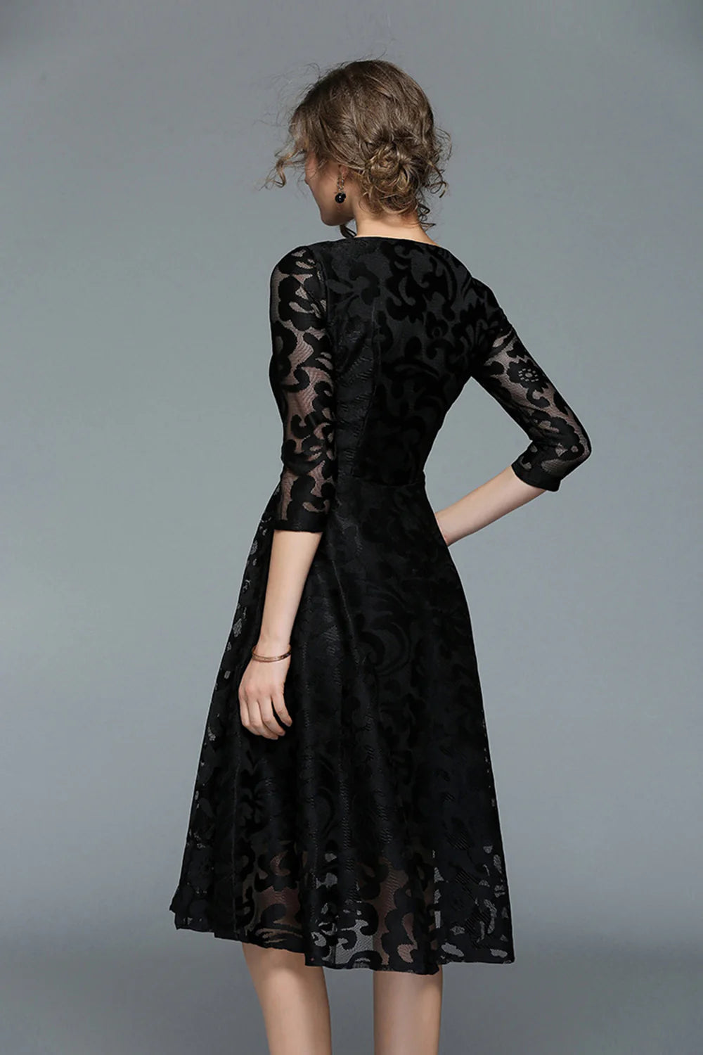 Peacock A Line Round Neck Midi Mother Of The Bride Dress with Half Sleeves
