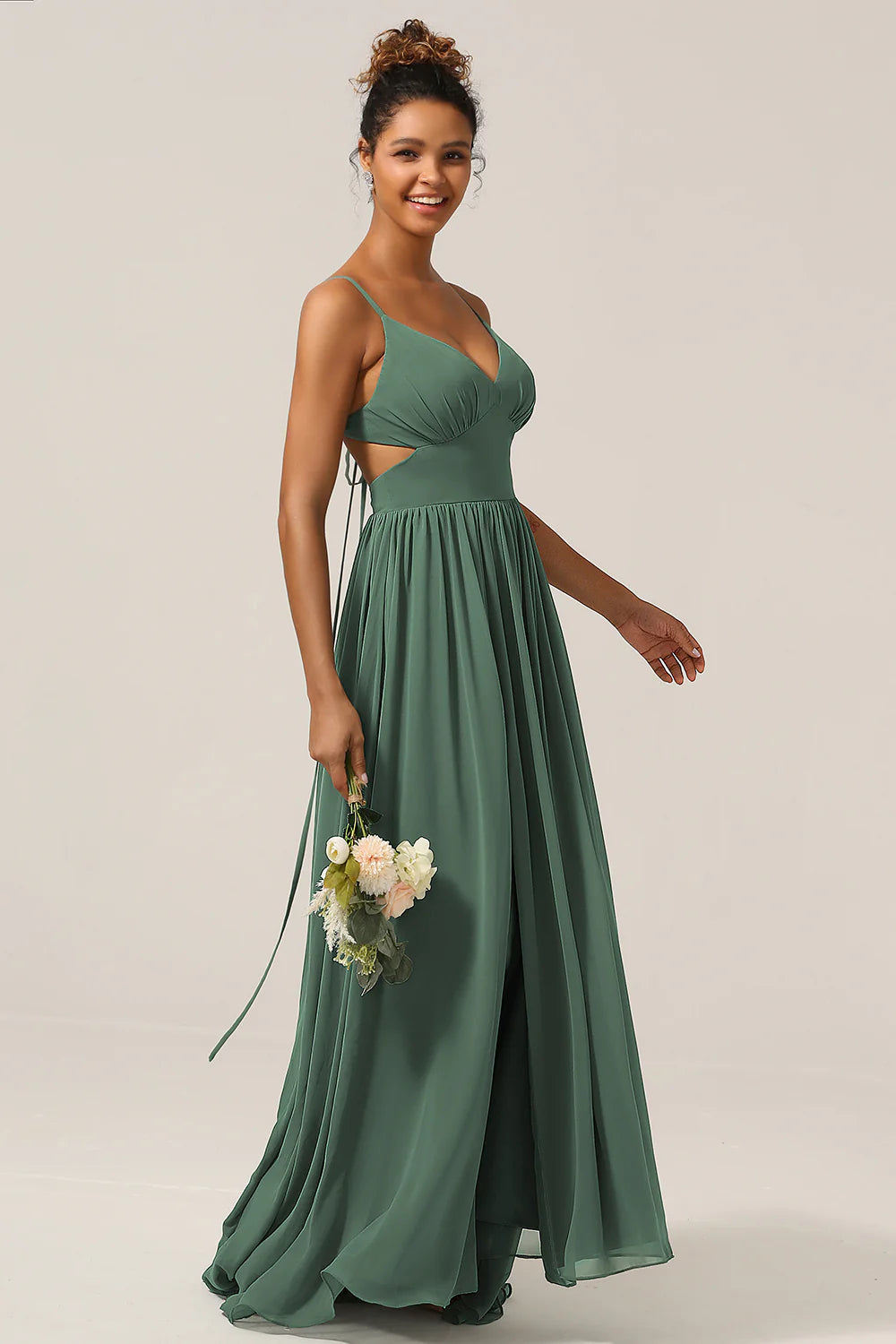 Eucalyptus A Line Spaghetti Straps Floor Length Chiffon Bridesmaid Dress with Slit
