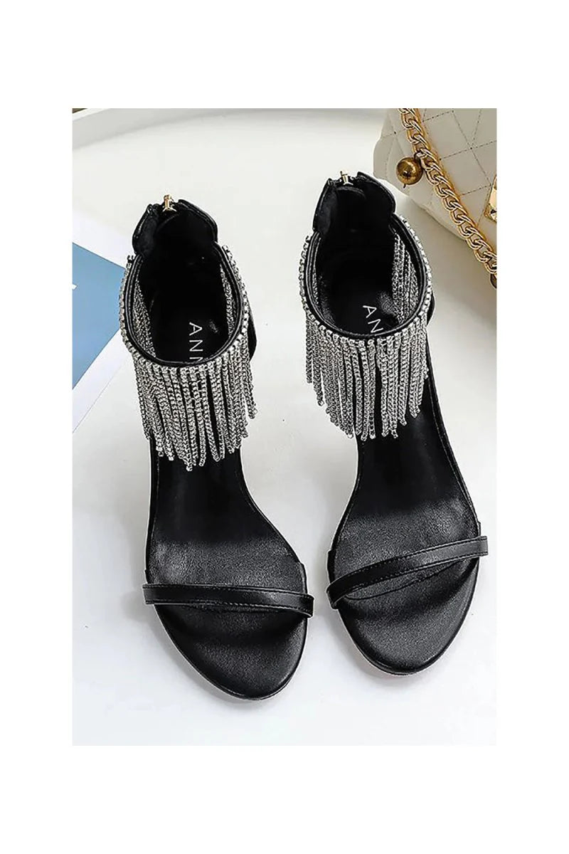 Black Rhinestone Thick High Heels