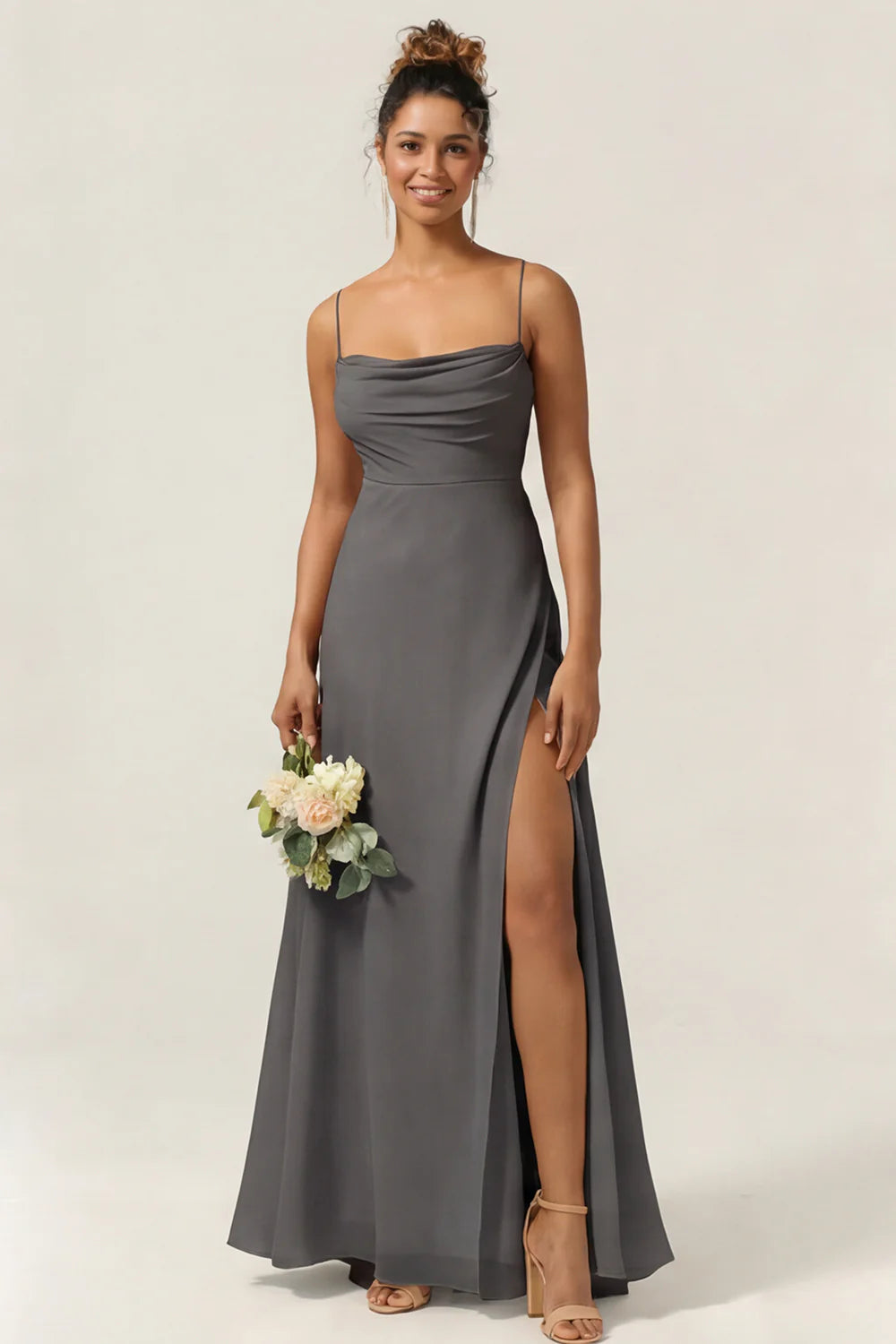 Blue Flower A Line Spaghetti Straps Chiffon Long Bridesmaid Dress with Slit
