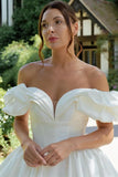 White Puff Off the Shoulder V Neck Sweeping Long Wedding Dress