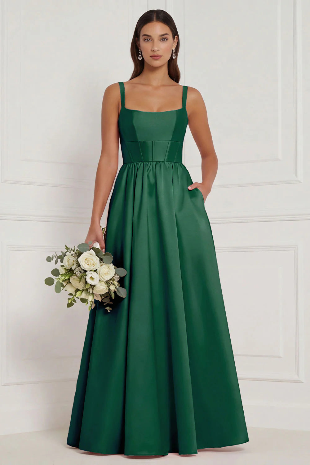 Lilac A Line Corset Satin Square Neck Long Bridesmaid Dress