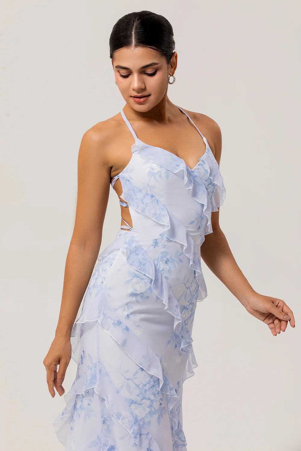 Blue Sheath Backless Print Floral Long Plus Size Bridesmaid Dress with Lace Up Back