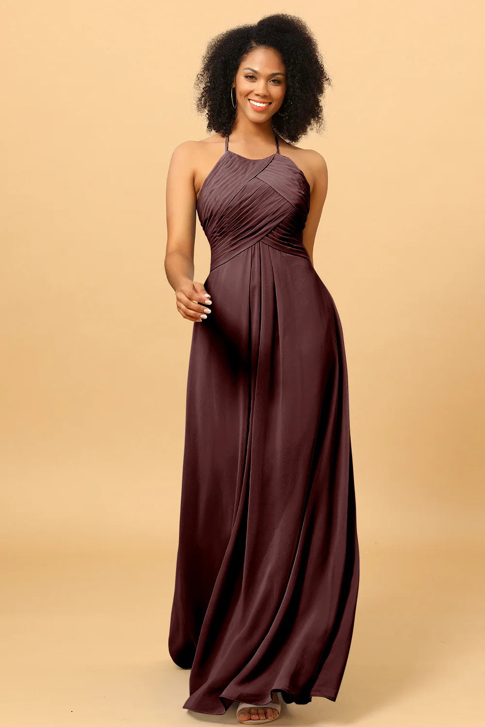 Sheath Halter Open Back Long Chiffon Bridesmaid Dress