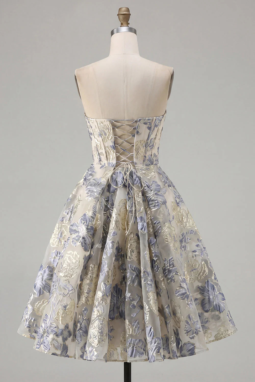 Dusty Blue Jacquard A Line Strapless Corset Short Homecoming Dress