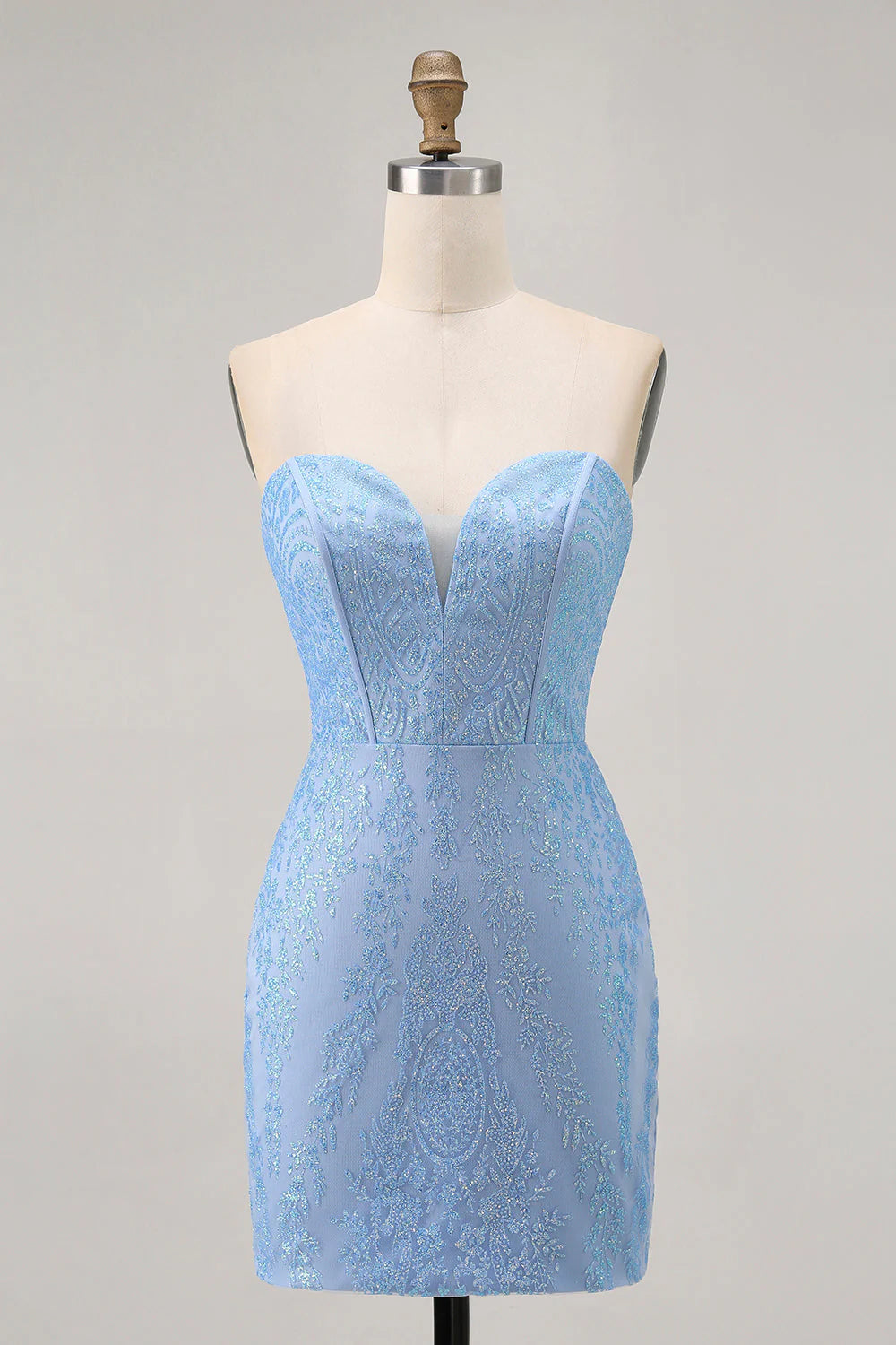 Blue Bodycon Strapless Beaded Short Homecoming Dress with Lace Up Back