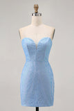 Blue Bodycon Strapless Beaded Short Homecoming Dress with Lace Up Back
