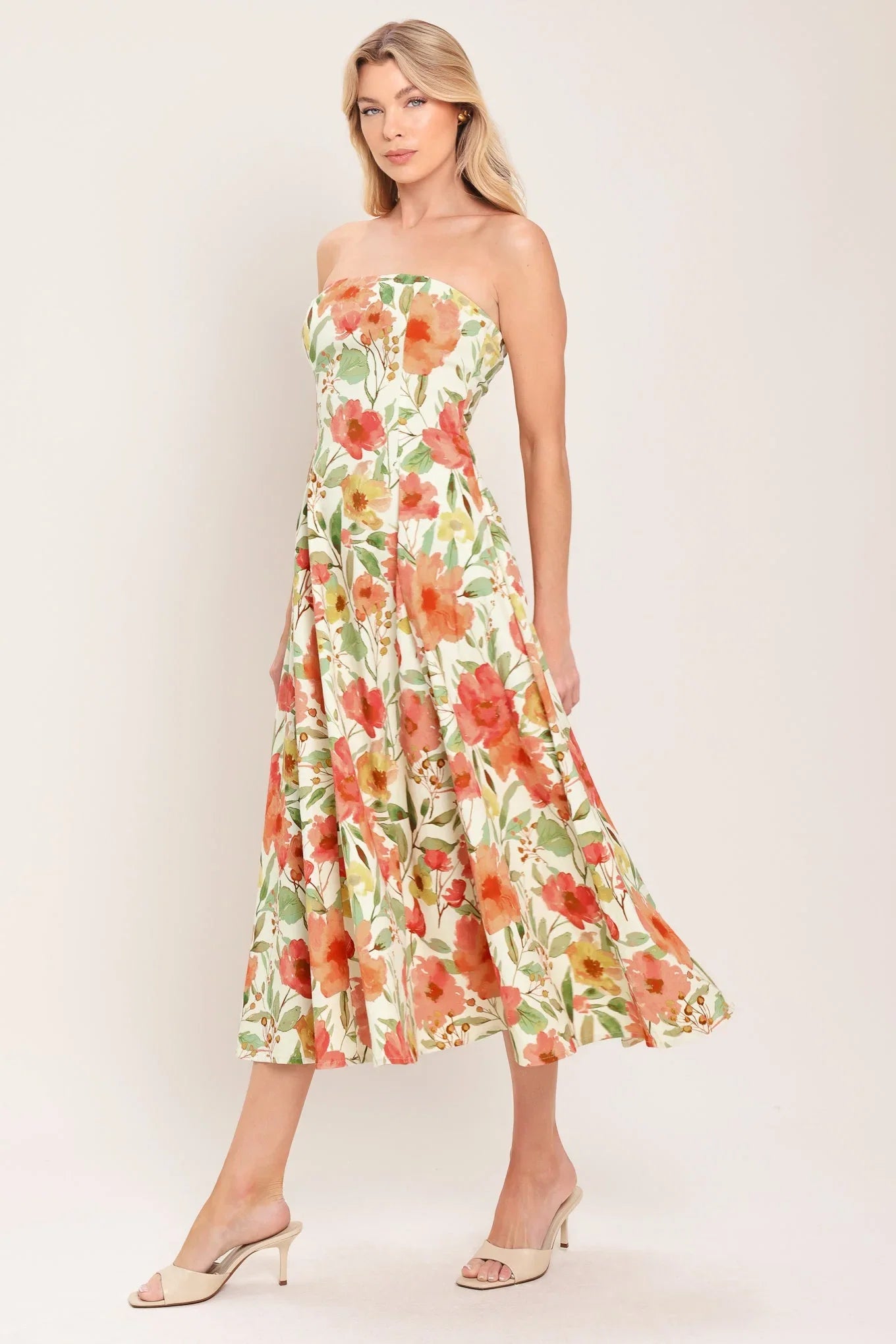 FLORAL DAYDREAM STRAPLESS MIDI DRESS