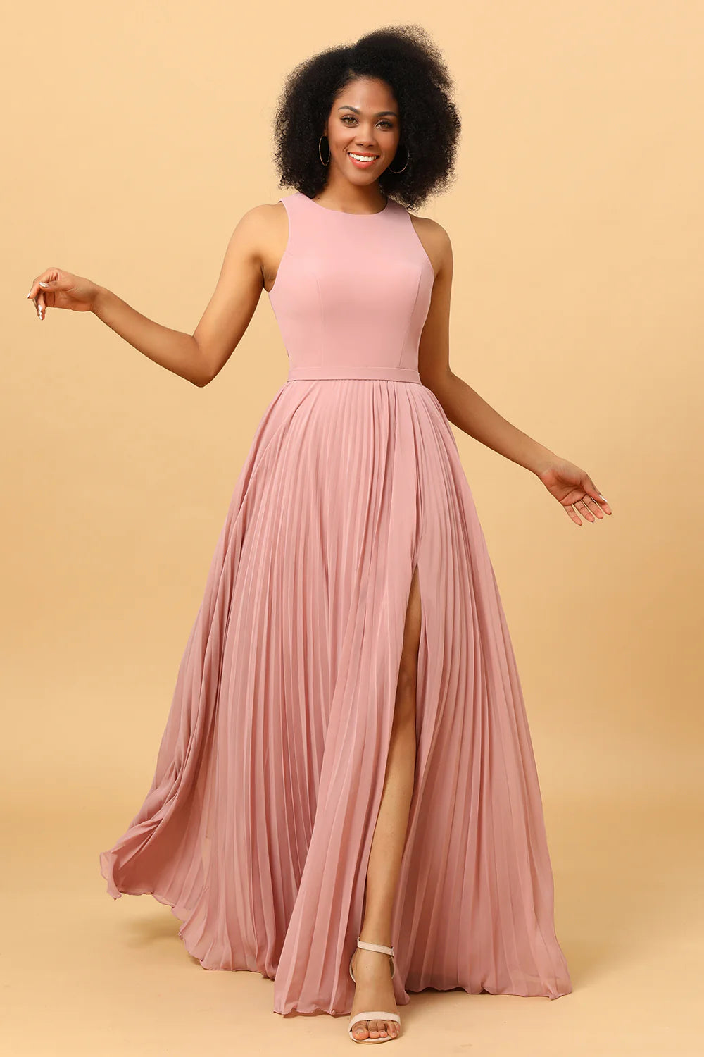 A Line Pleated Long Chiffon Bridesmaid Dress with Ruffles
