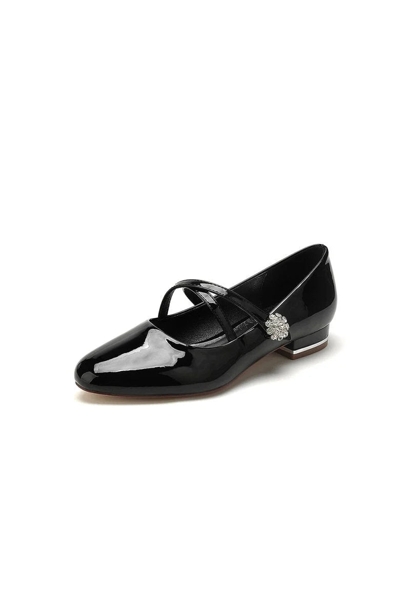 Beaded Pointed Toe Strap Buckle Patent Leather Low Heels