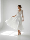 Satin V neck A Line Tea length Wedding Dress with Ruching and Sash