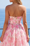 Strapless Corset A Line Floral Print Pink Homecoming Dress