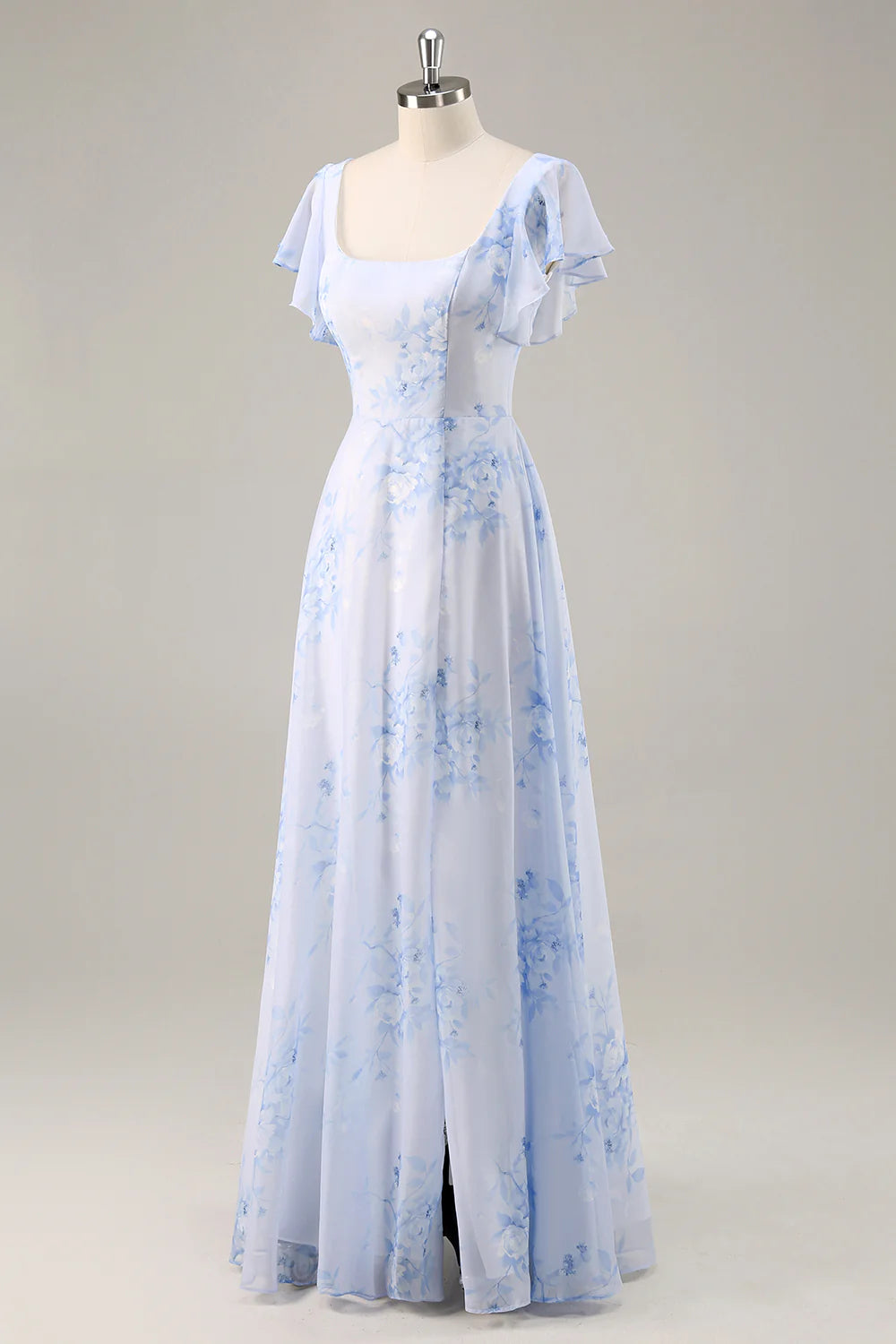 Blue Flower A Line Square Neck Long Bridesmaid Dress with Slit