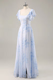 Blue Flower A Line Square Neck Long Bridesmaid Dress with Slit