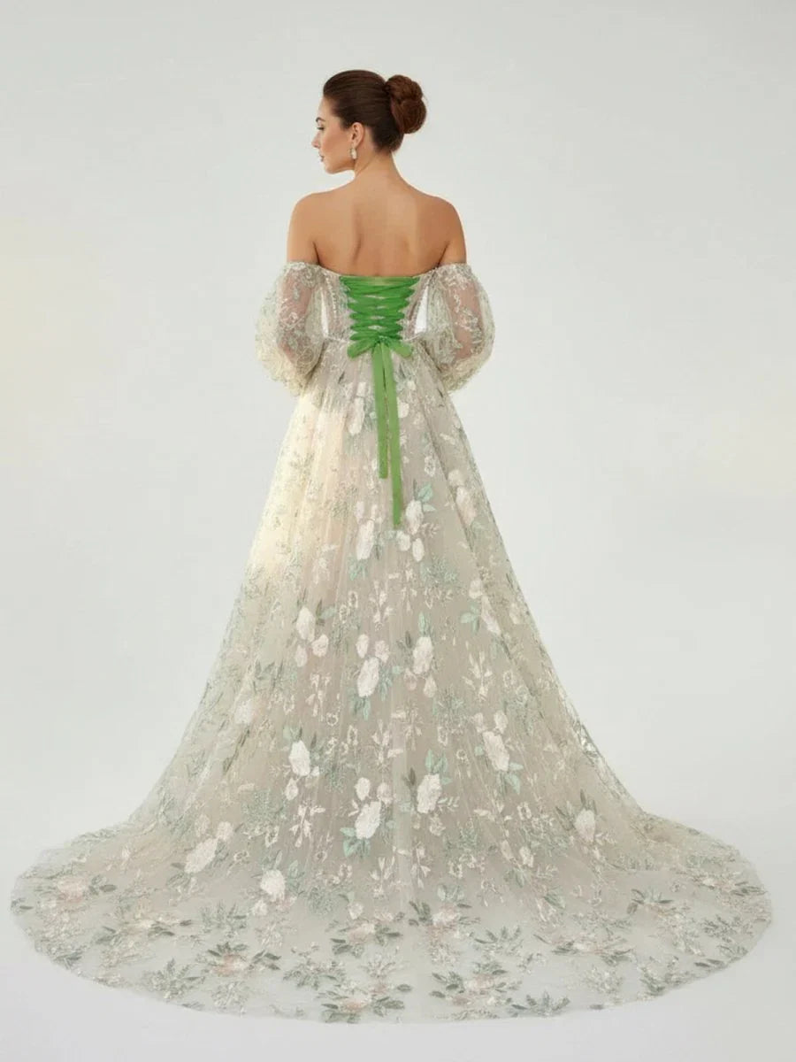 A Line Light Green Sweetheart Pearl Wedding Dress