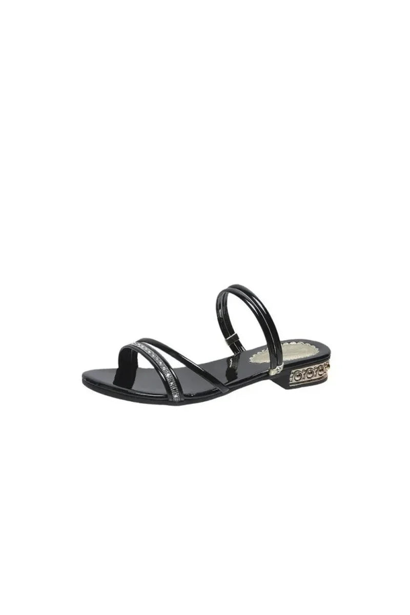 Black Strappy Rhinestones Low Block Heel Sandal