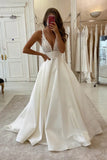 A Line V neck Lace Appliques Satin Wedding Dress Bridal Gowns