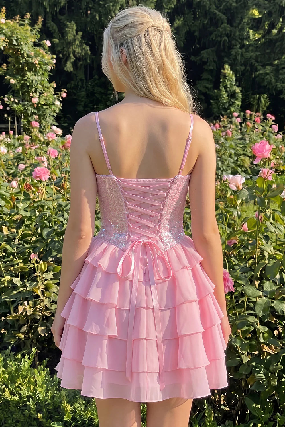 Champagne A Line Sequin Tiered Ruffle Short Homecoming Dress