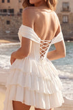 Off the Shoulder Ruffled A Line Ivory Corset Short Graduation Dress with Bow