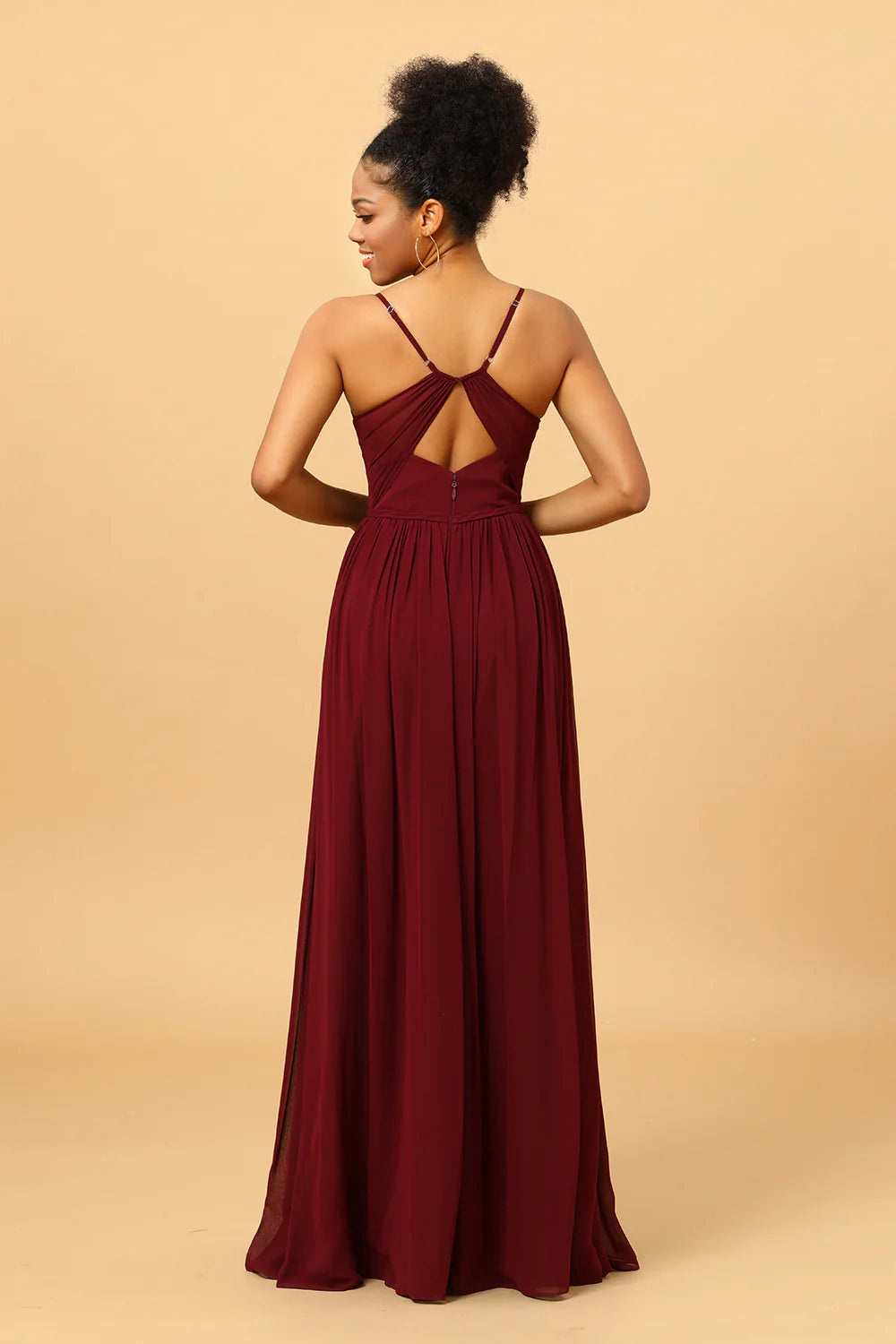 Burgundy A Line Spaghetti Straps Ruched Long Chiffon Bridesmaid Dress with Slit