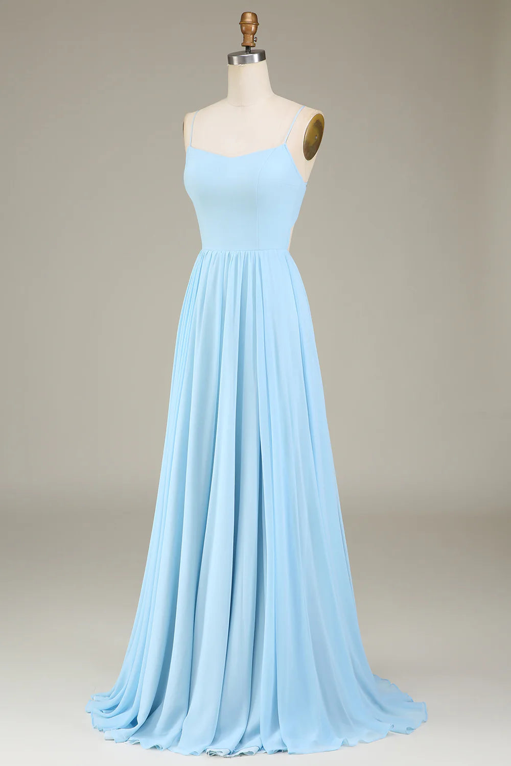 Sky Blue A Line Spaghetti Straps Chiffon Long Bridesmaid Dress