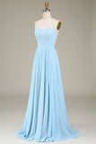 Sky Blue A Line Spaghetti Straps Chiffon Long Bridesmaid Dress