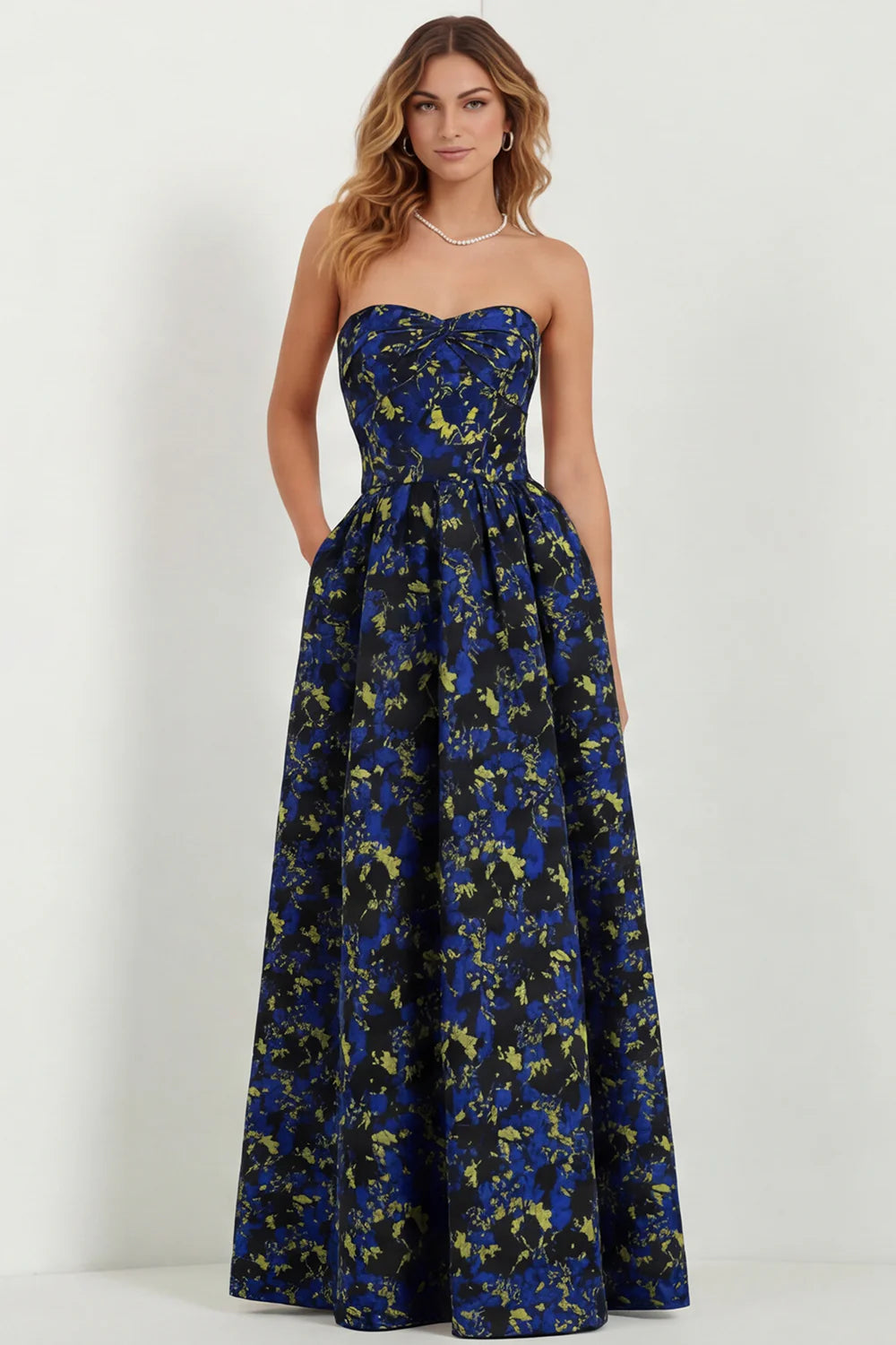 Light Blue Floral Sweetheart A Line Printed Maxi Dress with Pockets