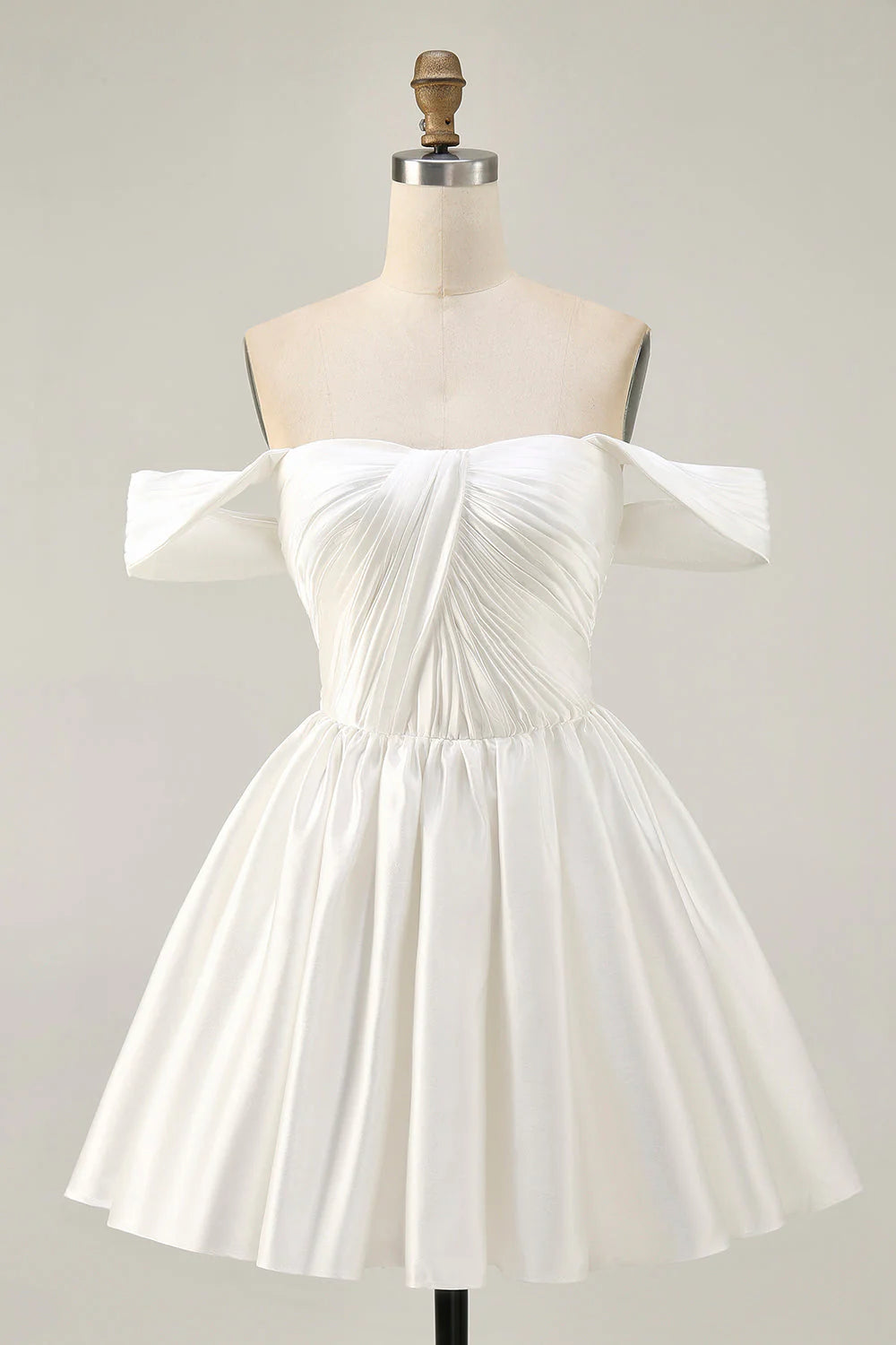 White Satin A Line Off The Shoulder Ruched Short Homecoming Dress