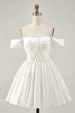 White Satin A Line Off The Shoulder Ruched Short Homecoming Dress