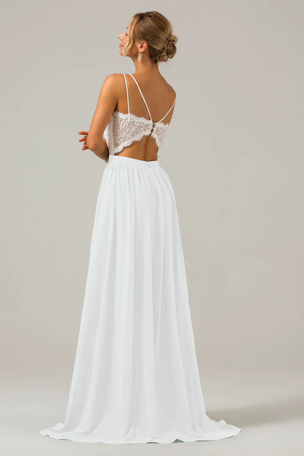 A Line Spaghetti Straps Pleated Long Bridesmaid Dress With Lace