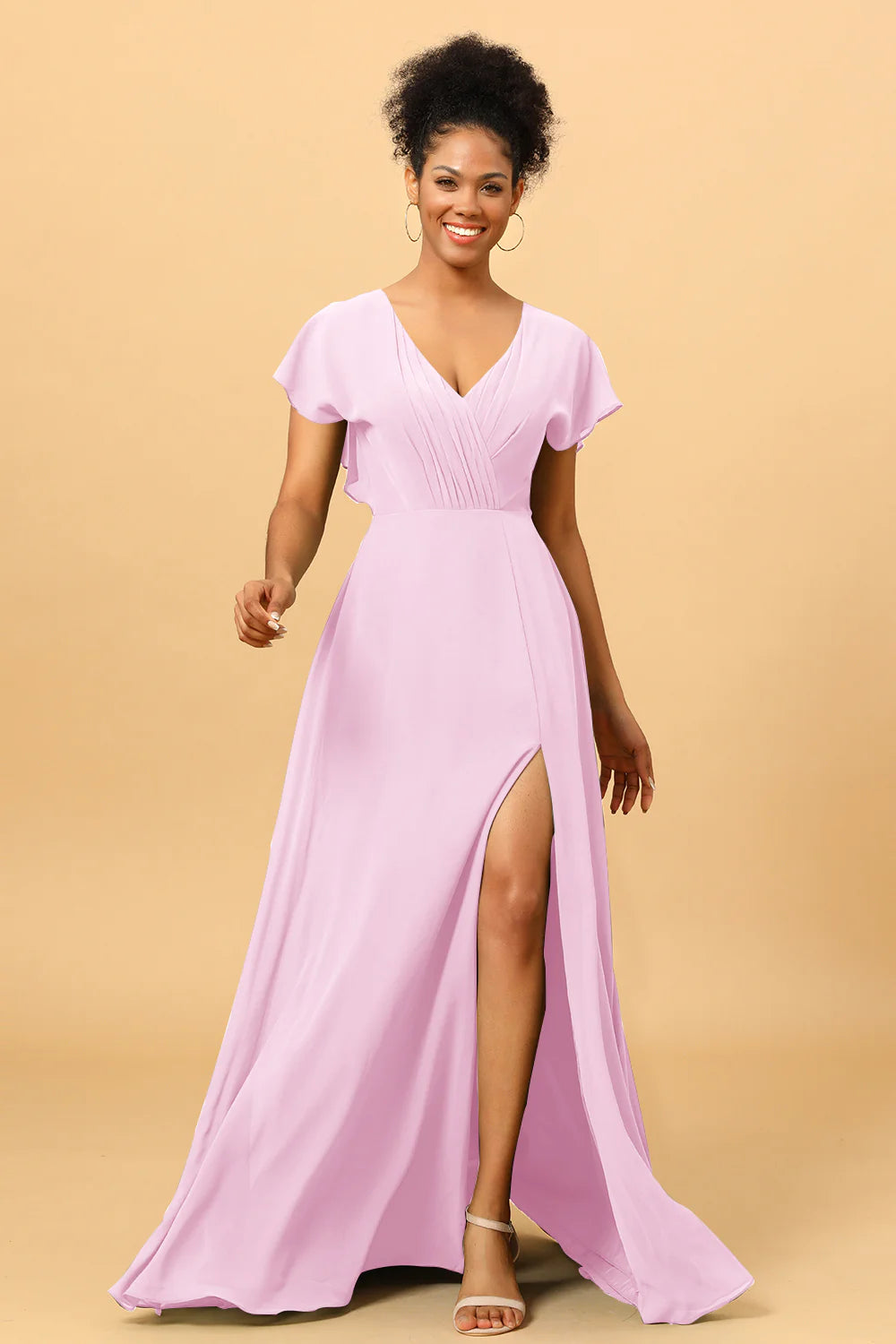 A Line V Neck Ruched Chiffon Bridesmaid Dress with Slit