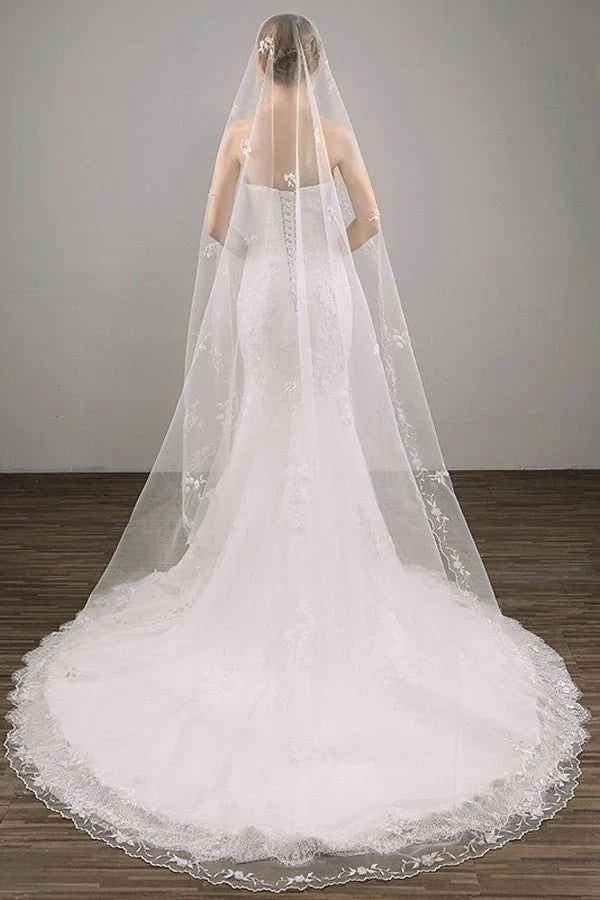 Two Tier Lace Appliques Edge Cathedral Veil Long Wedding Veil