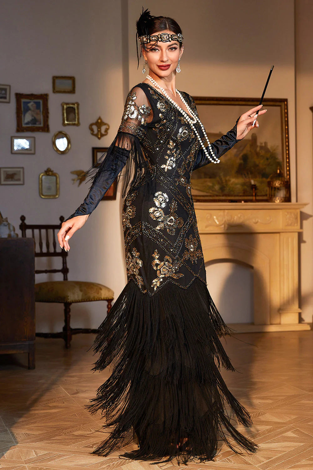 Sheath V Neck Dark Green Sequins Long Party Dress with Fringes