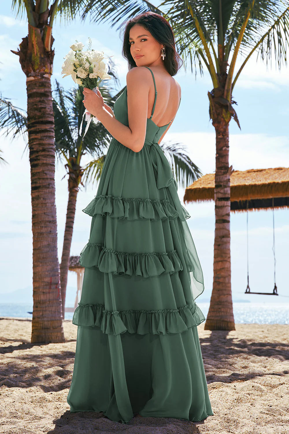 Eucalyptus A Line Spaghetti Straps Tiered Chiffon Long Bridesmaid Dress