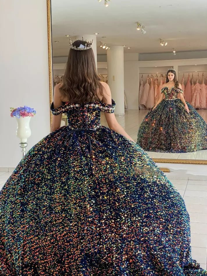 Sequined Ball Gown Off Shoulder Beaded Velvet Quinceanera Dresses